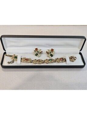 Vtg Coro Bracelet & Earring Set Golden Harvest Orange Green Rhinestone 7" Fall